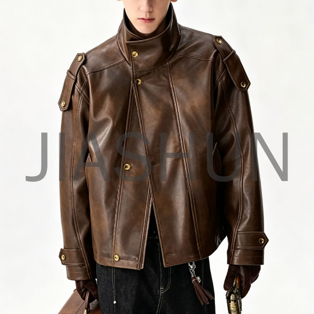 Mens Stand Collar Strap Decor Leather Jacket
