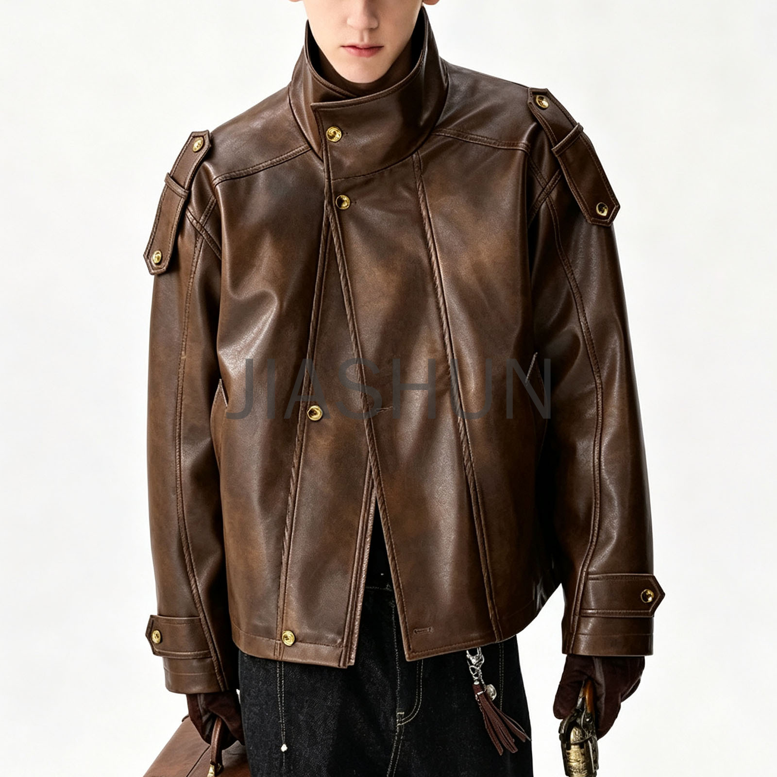 Mens Stand Collar Strap Decor Leather Jacket