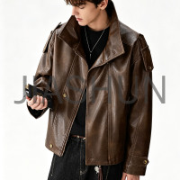 Mens Stand Collar Strap Decor Leather Jacket