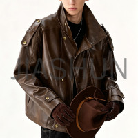 Mens Stand Collar Strap Decor Leather Jacket