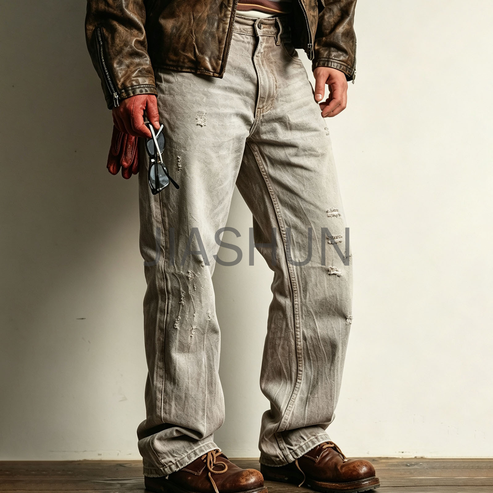 Men Faded Wash Destroyed Casual Pants