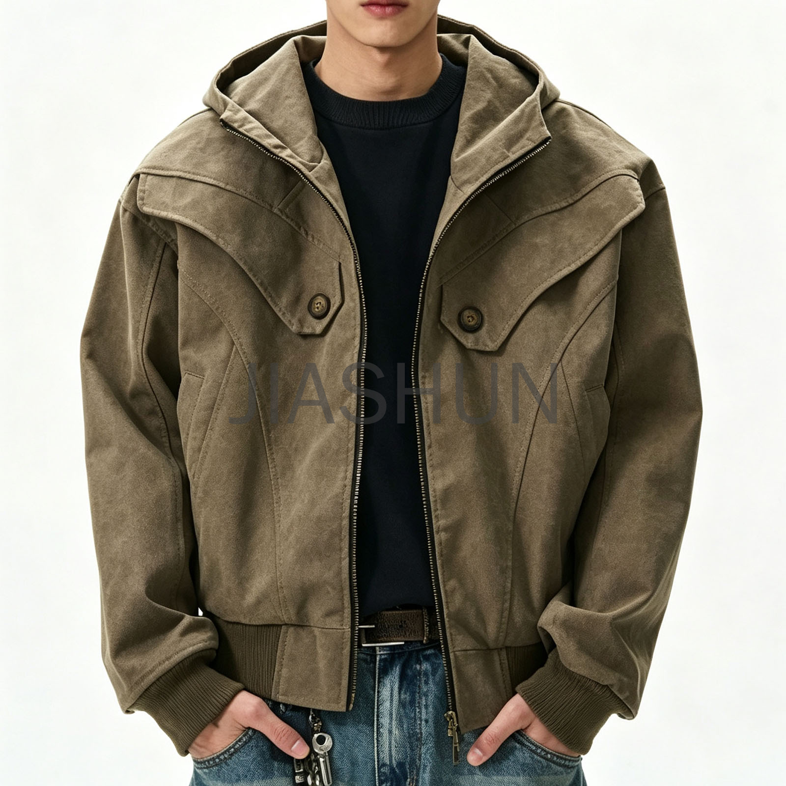 Men Vintage Washed Hooded Cargo Jacket
