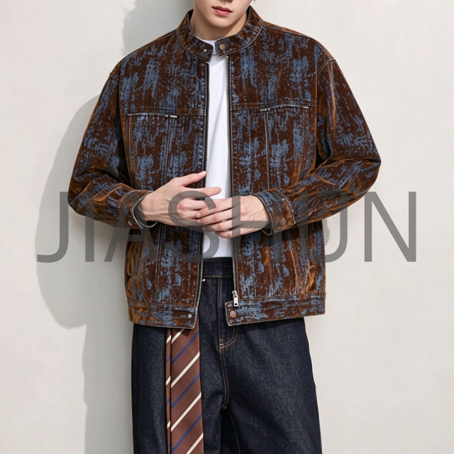 Retro Brown Blue Washed Pattern Men Zip Jacket