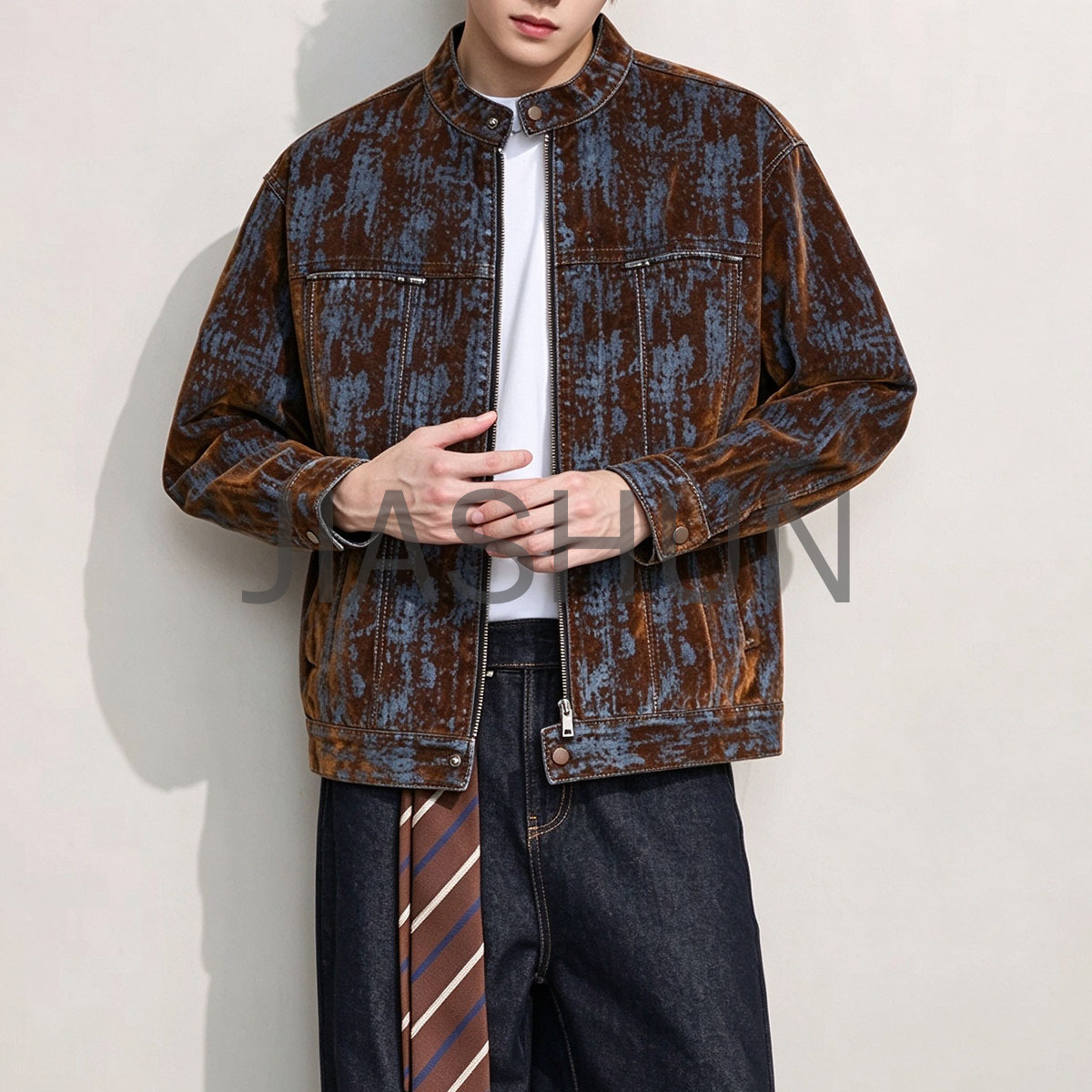 Retro Brown Blue Washed Pattern Men Zip Jacket