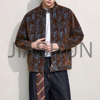 Retro Brown Blue Washed Pattern Men Zip Jacket