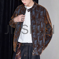 Retro Brown Blue Washed Pattern Men Zip Jacket