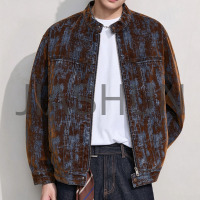 Retro Brown Blue Washed Pattern Men Zip Jacket
