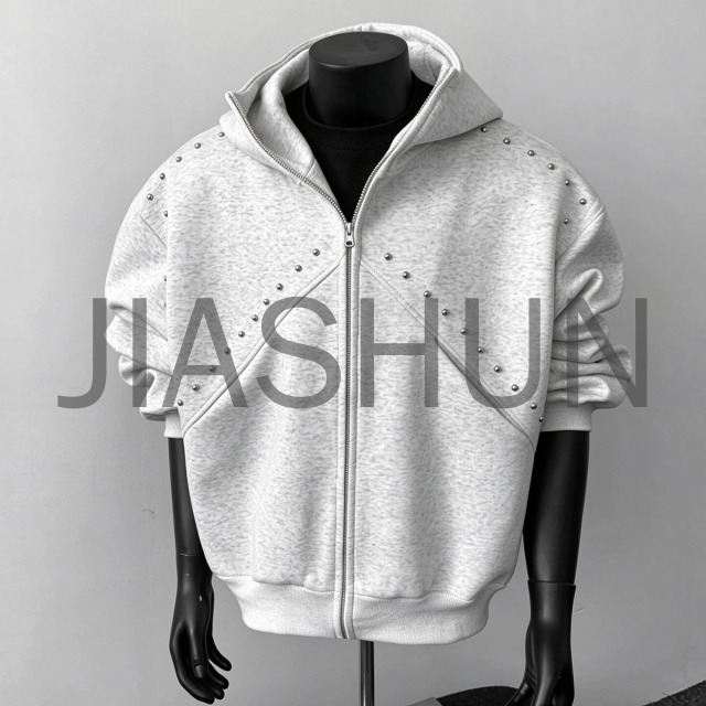 Hip Hop Men Rivet Embellished Zip Hoodie