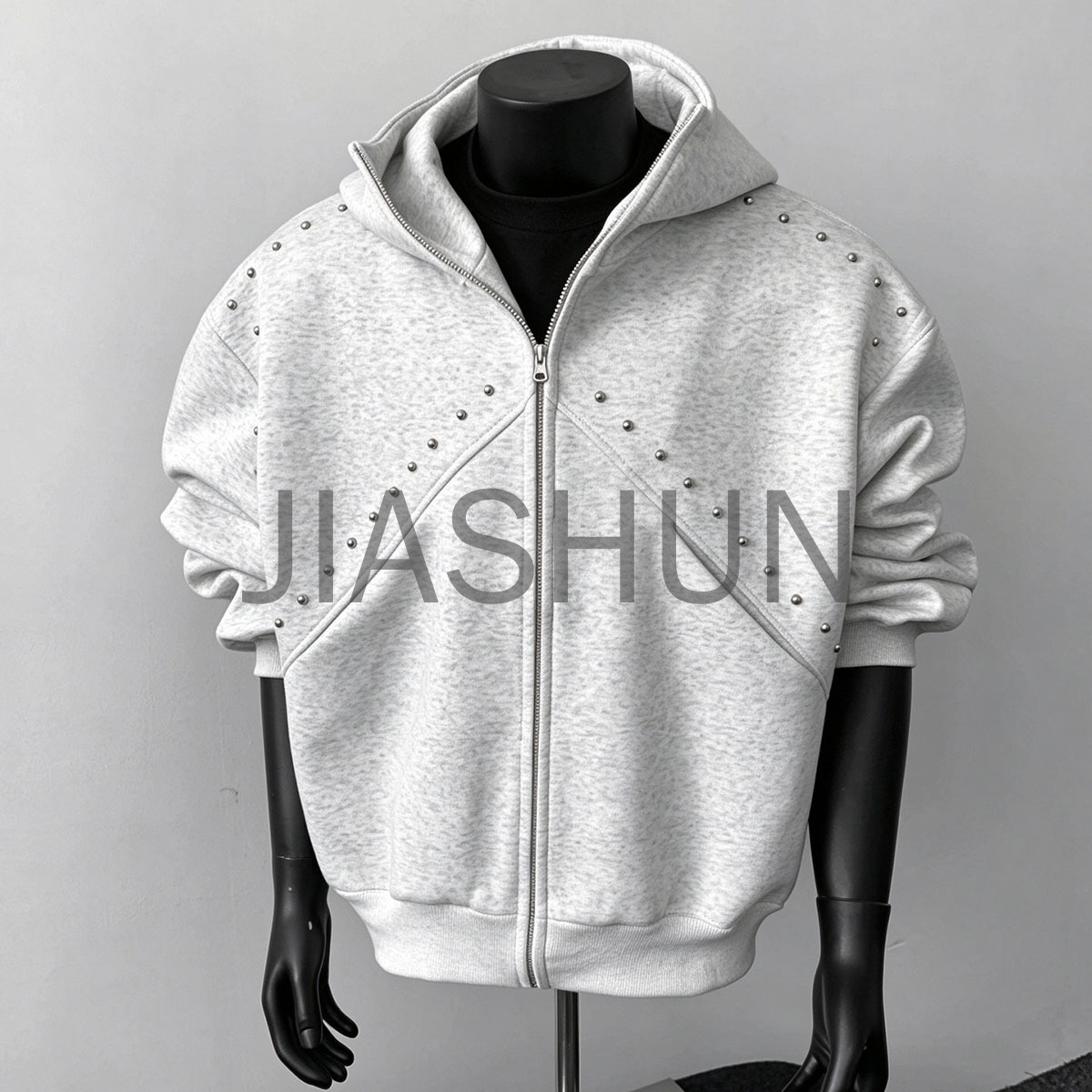Hip Hop Men Rivet Embellished Zip Hoodie