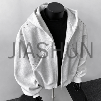 Hip Hop Men Rivet Embellished Zip Hoodie