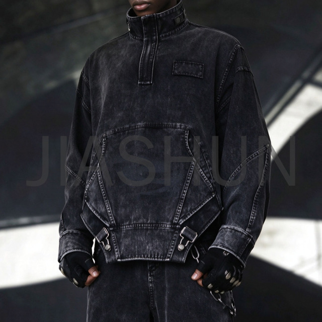 Men Washed Black Denim Half Zip Pullover Jacket