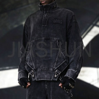 Men Washed Black Denim Half Zip Pullover Jacket