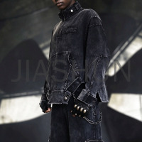 Men Washed Black Denim Half Zip Pullover Jacket