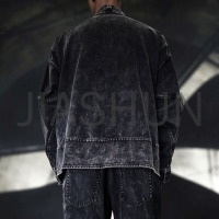Men Washed Black Denim Half Zip Pullover Jacket