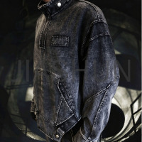 Men Washed Black Denim Half Zip Pullover Jacket