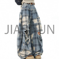 Men Bleach Wash Plaid Ripped Baggy Pants