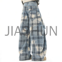 Men Bleach Wash Plaid Ripped Baggy Pants