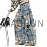Men Bleach Wash Plaid Ripped Baggy Pants