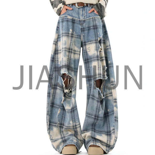 Men Bleach Wash Plaid Ripped Baggy Pants