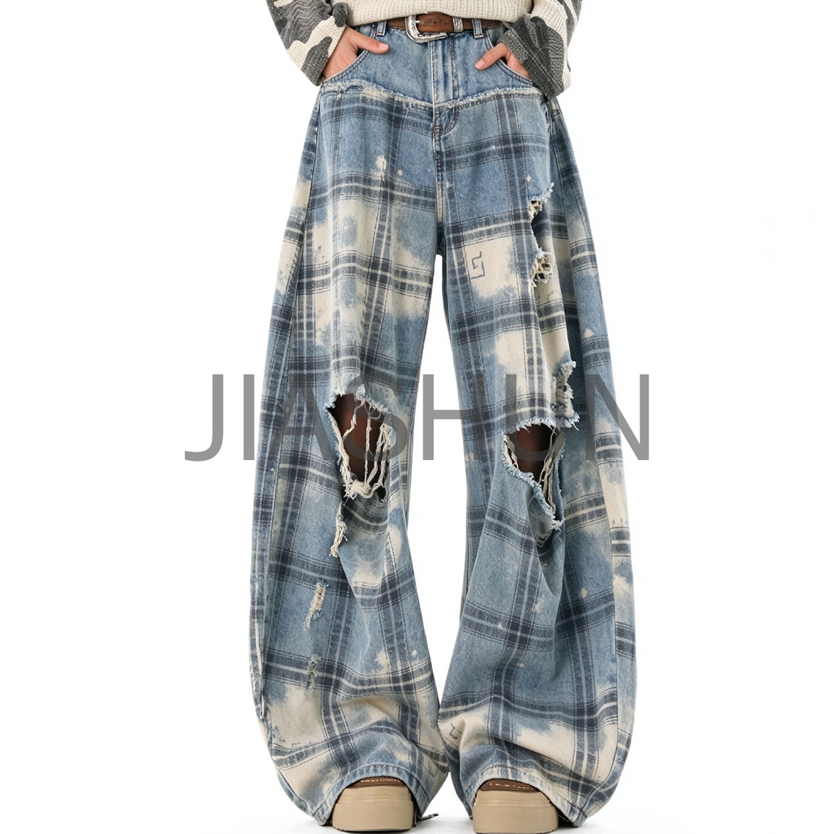 Men Bleach Wash Plaid Ripped Baggy Pants