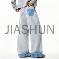 Men Drawstring Waist Plaid Patchwork Pants