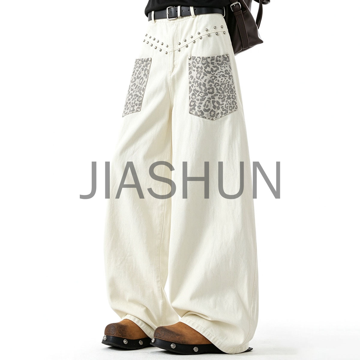 White Rivet Leopard Pocket Wide Leg Denim Pants