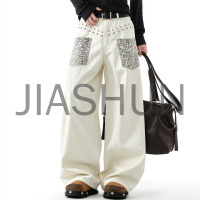 White Rivet Leopard Pocket Wide Leg Denim Pants