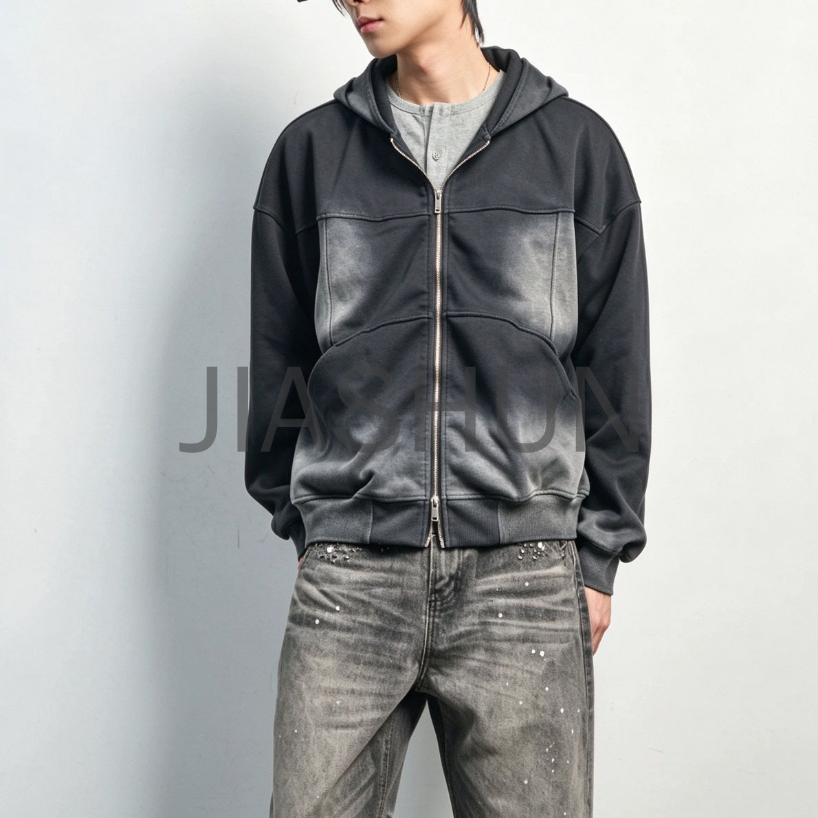 Gothic Street Faded Zip Front Hoodie