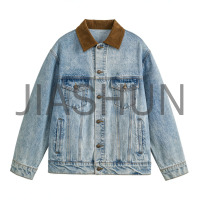 Vintage Light Wash Denim Jacket With Brown Collar