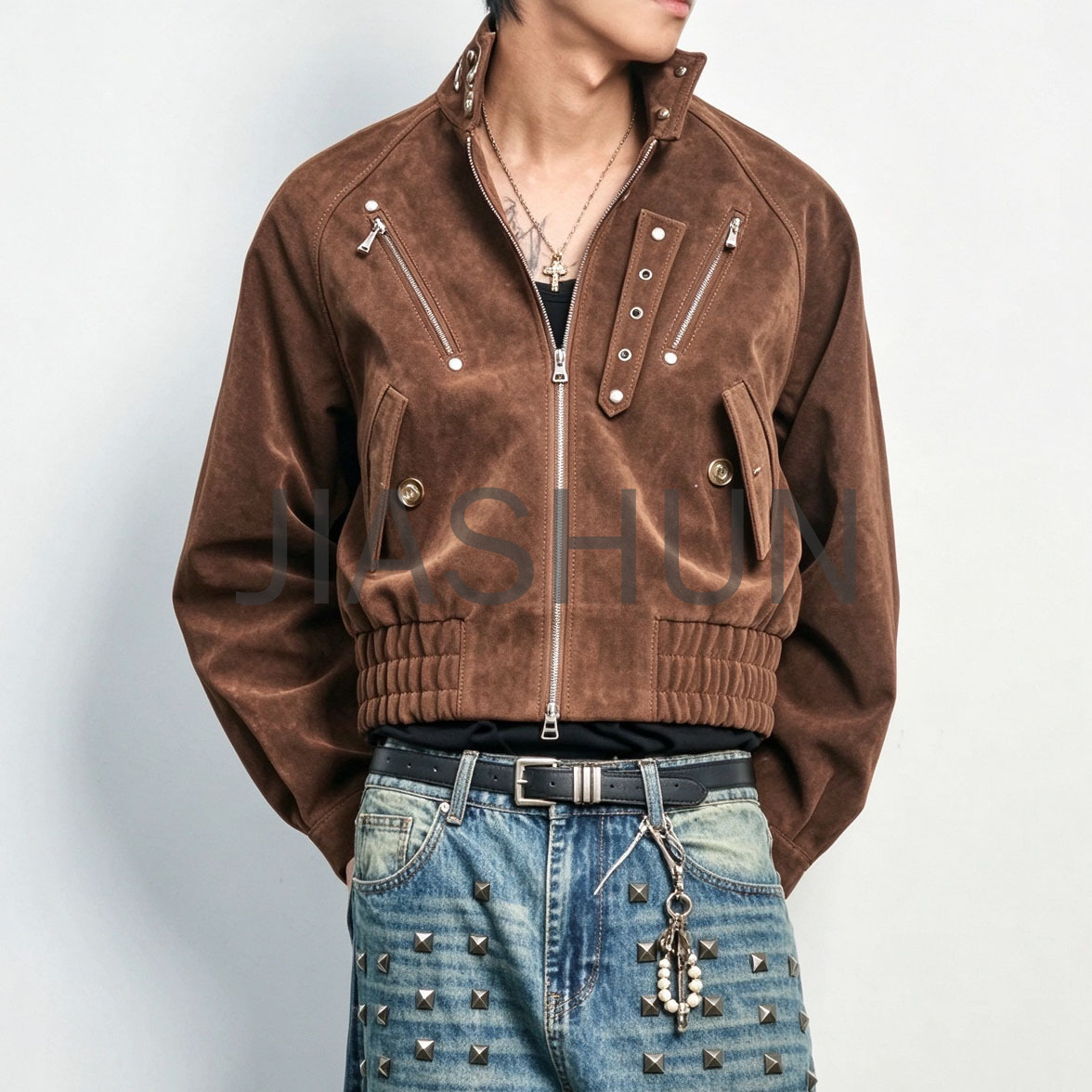 Gothic Rivet Suede Cropped Bomber Jacket