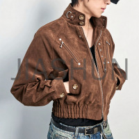 Gothic Rivet Suede Cropped Bomber Jacket