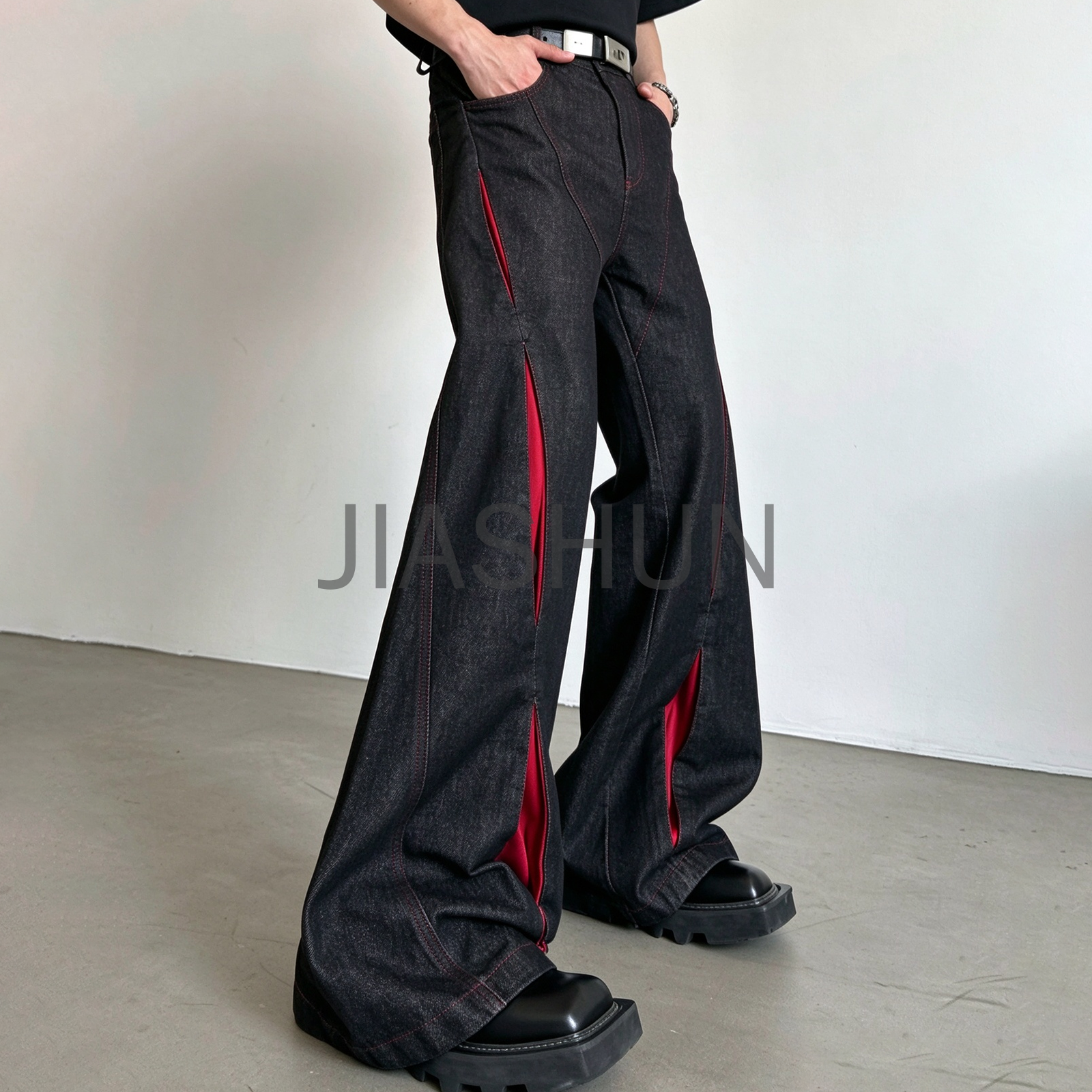 Gothic Streetwear Men Black Denim Flare Pants Red Slit Insert Design