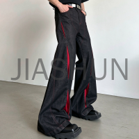 Gothic Streetwear Men Black Denim Flare Pants Red Slit Insert Design