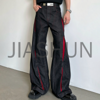 Gothic Streetwear Men Black Denim Flare Pants Red Slit Insert Design