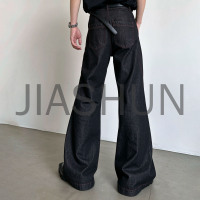 Gothic Streetwear Men Black Denim Flare Pants Red Slit Insert Design