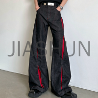 Gothic Streetwear Men Black Denim Flare Pants Red Slit Insert Design
