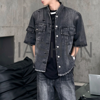 Men Vintage Black Wash Stand Collar Short Denim Shirt