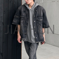 Men Vintage Black Wash Stand Collar Short Denim Shirt