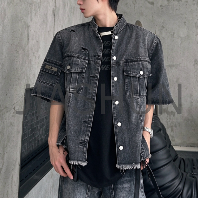 Men Vintage Black Wash Stand Collar Short Denim Shirt