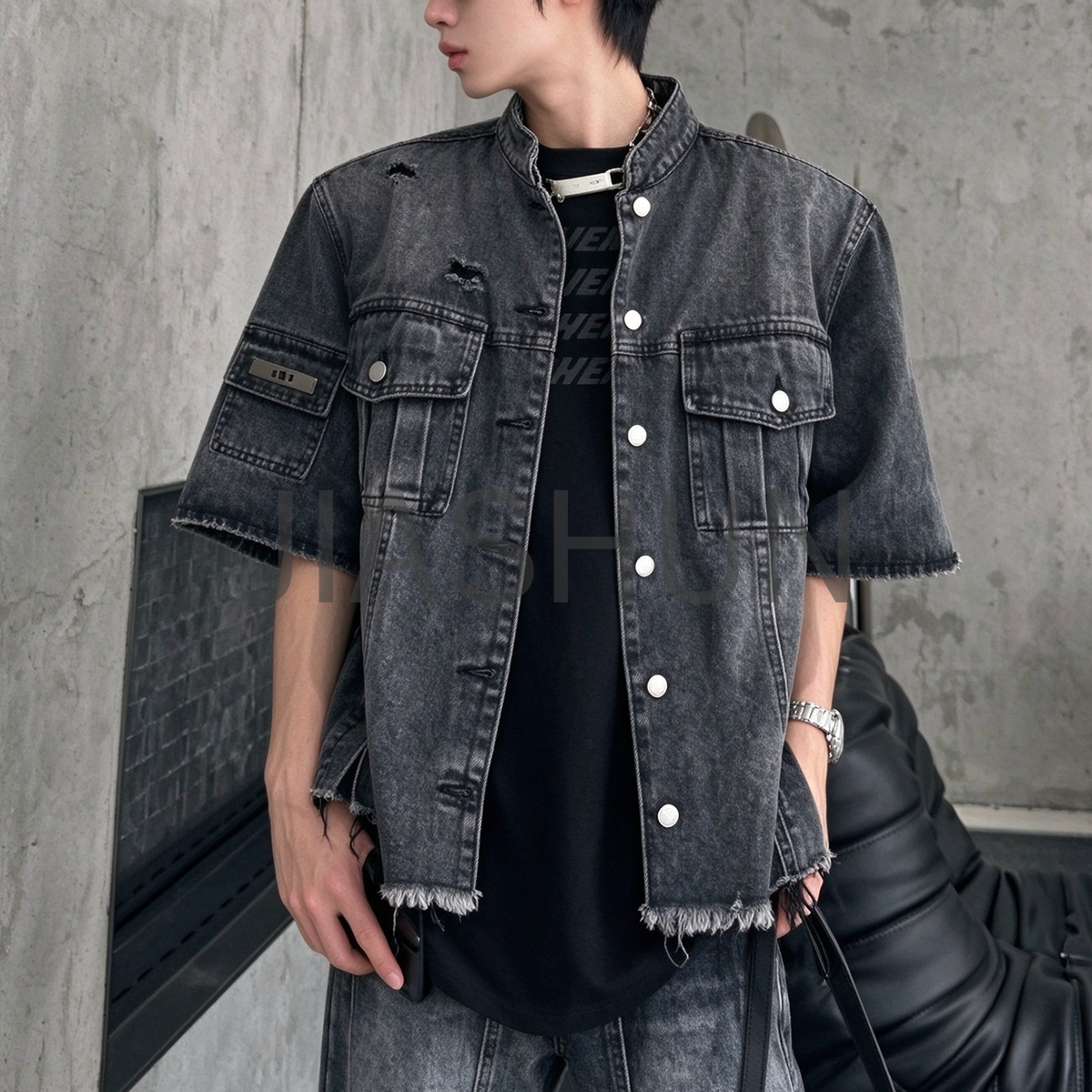 Men Vintage Black Wash Stand Collar Short Denim Shirt