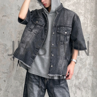 Men Vintage Black Wash Stand Collar Short Denim Shirt