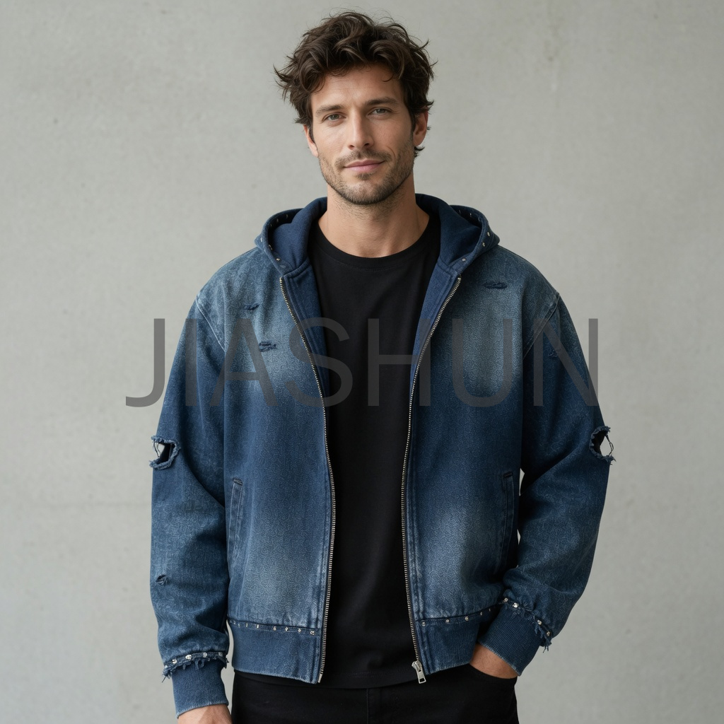 Oversized Washed Denim Zip Hood Jacket