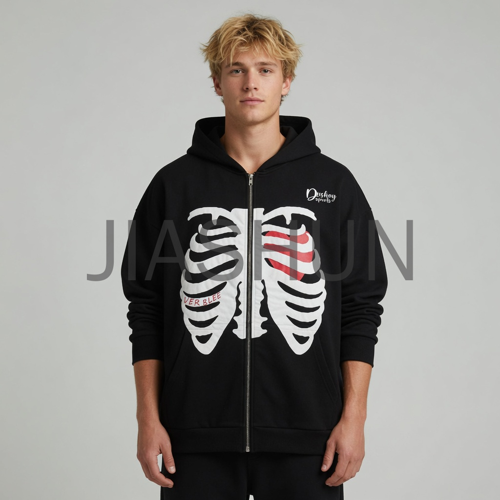 Oversized Skeleton Print Zip Up Hoodie