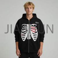 Oversized Skeleton Print Zip Up Hoodie