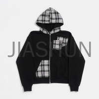 Oversized Plaid Patchwork Zip Up Hoodie Jacket