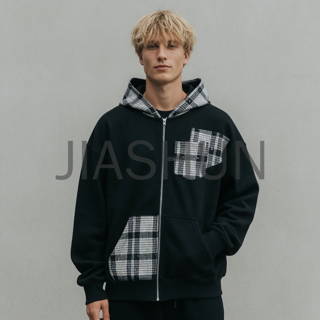 Oversized Plaid Patchwork Zip Up Hoodie Jacket