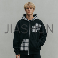 Oversized Plaid Patchwork Zip Up Hoodie Jacket