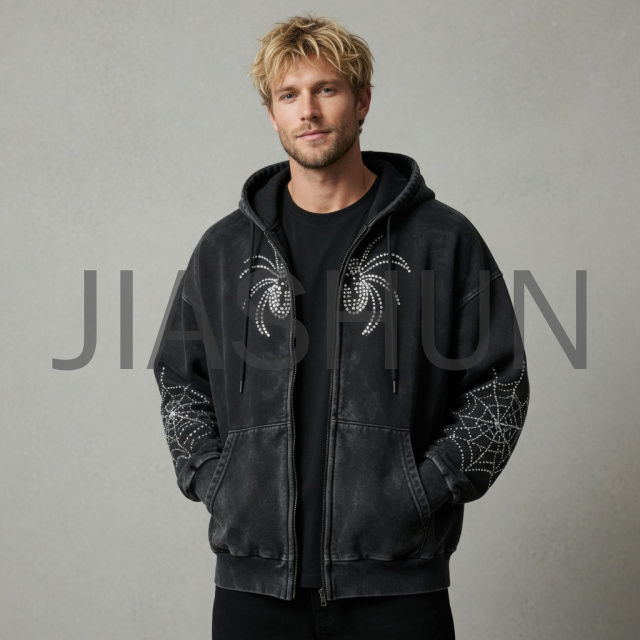 Oversized Spider Graphic Zip Up Hooded Jacket
