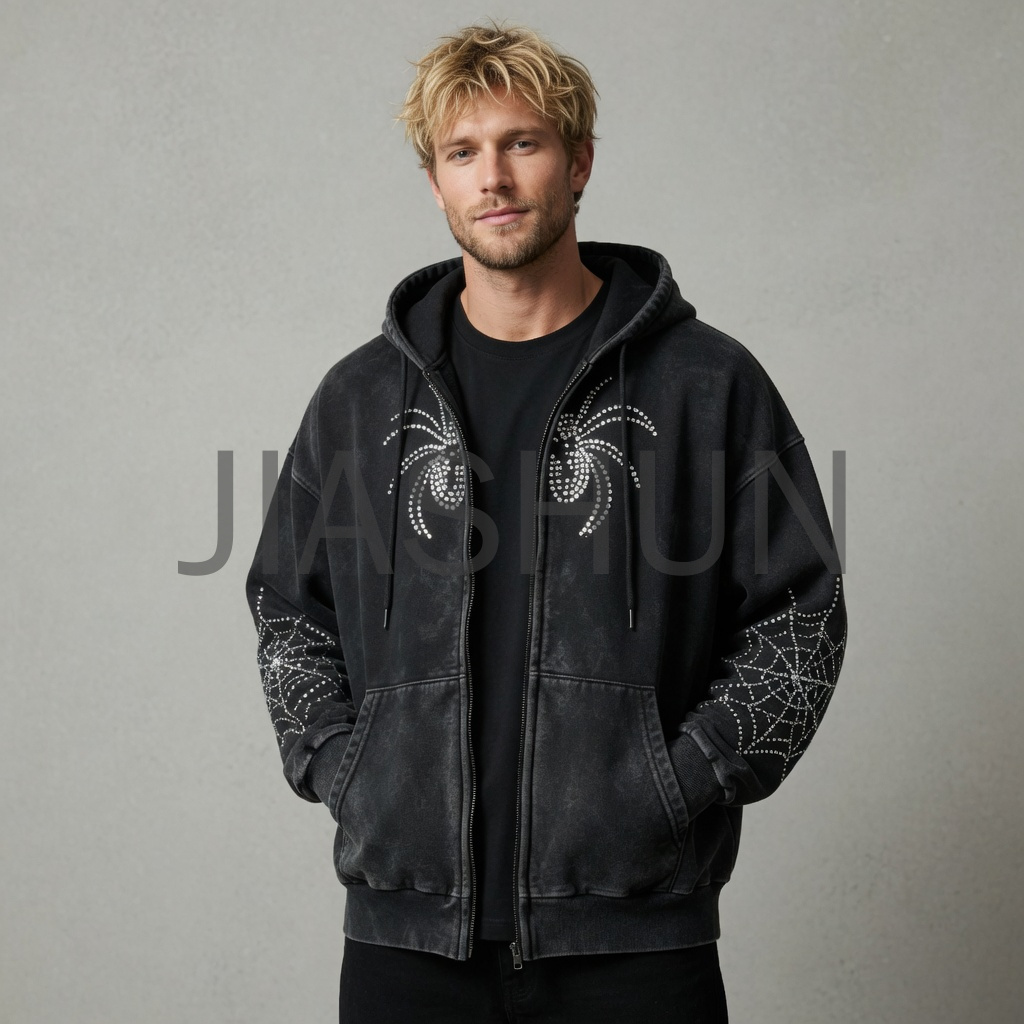Oversized Spider Graphic Zip Up Hooded Jacket